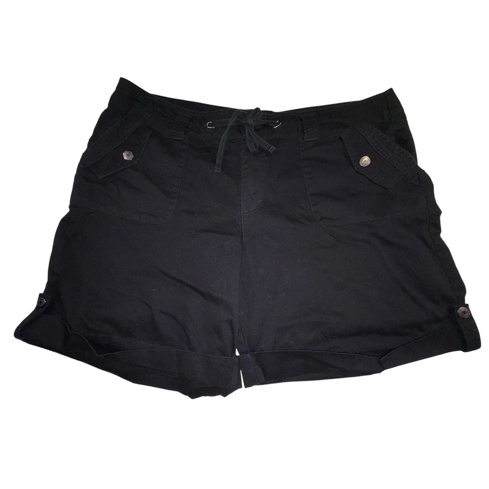 Venezia Shorts 22 Black Cotton Cargo Utility‎ Cuffed Drawstring Plus Size
